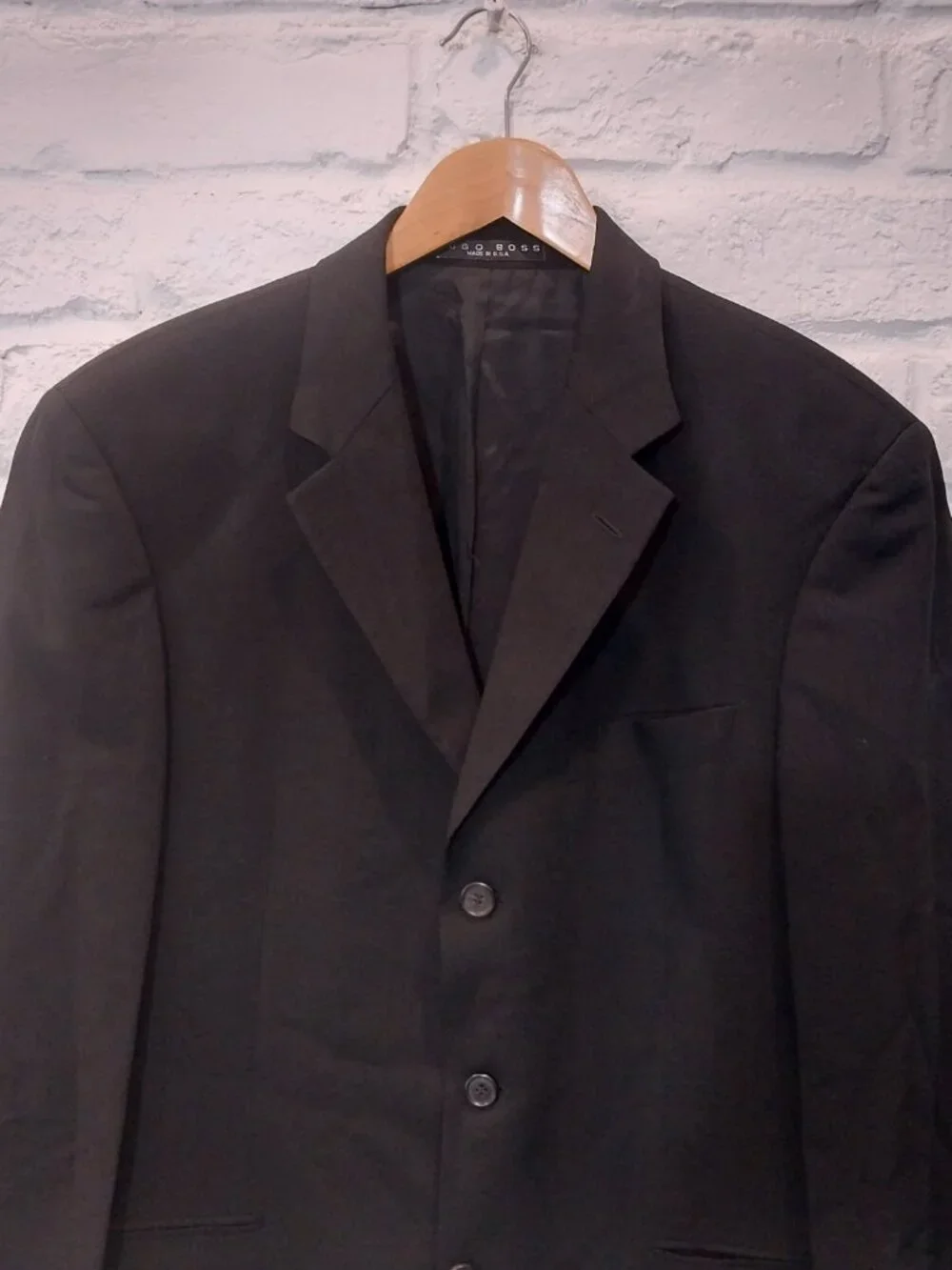 Vintage Hugo Boss Sport Coat 44R Solid Black 100% Virgin Wool Blazer Made in USA